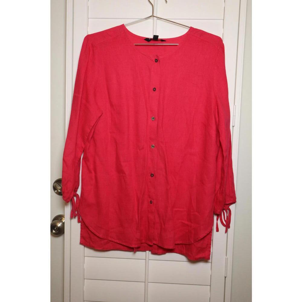 Ellen Tracey bright pink 100% linen button‎ down top size Large